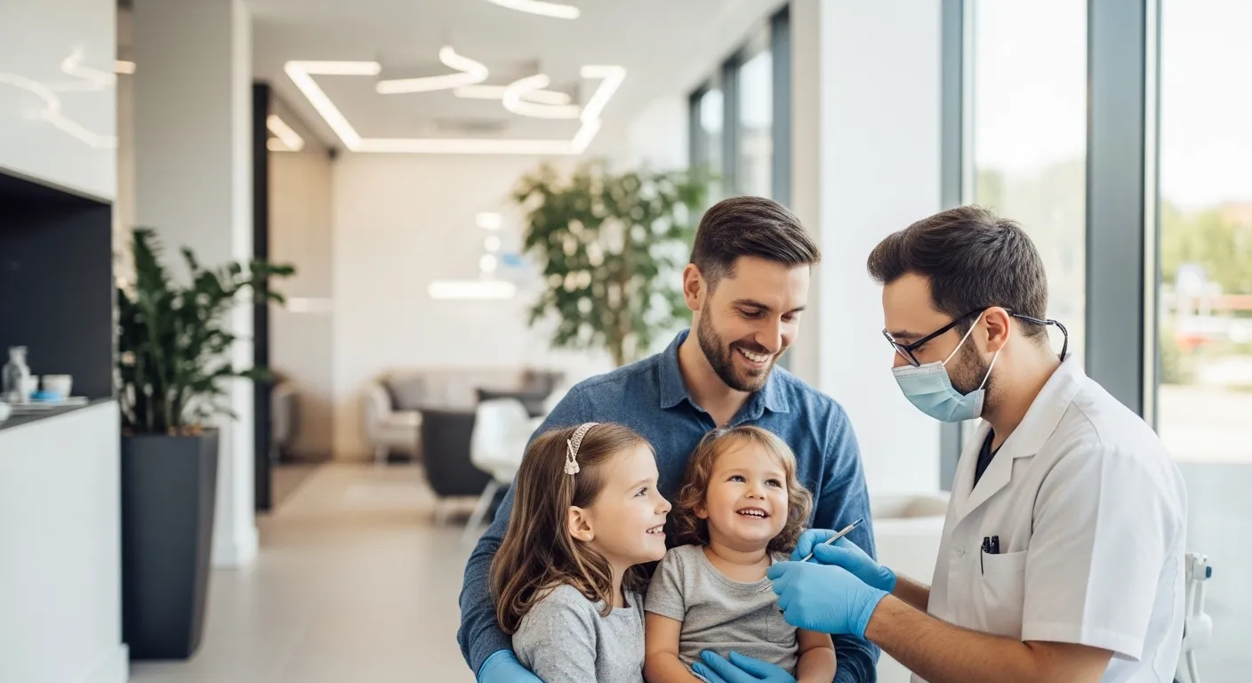 Family building trust with dentist during routine dental visit